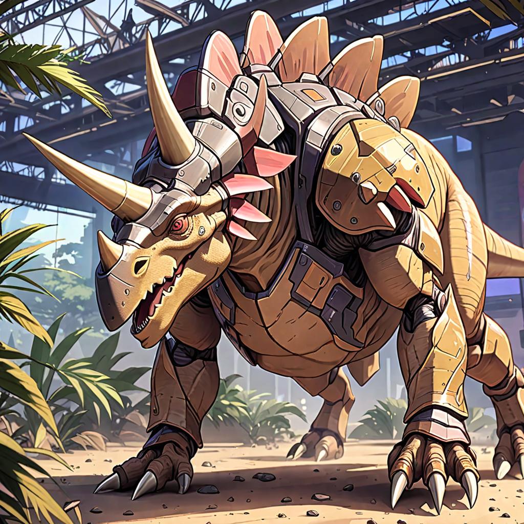  anime style artwork, (masterpiece:1.1), (highest quality:1.1), rpbotic dinobot triceratops , anime style, key visual, vibrant, studio anime, highly detailed