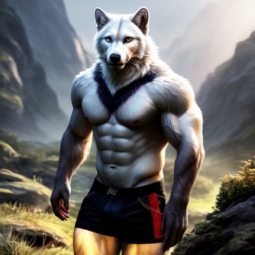  anthro, white wolf, male, adult, muscular, veiny muscles, shorts, topless, looking at viewer, realistic fur, detailed background, wilderness background, hyper realism, RAW photo, (realism, photorealistic:1.3), detailed, hi res hyperrealistic, full body, detailed clothing, highly detailed, cinematic lighting, stunningly beautiful, intricate, sharp focus, f/1. 8, 85mm, (centered image composition), (professionally color graded), ((bright soft diffused light)), volumetric fog, trending on instagram, trending on tumblr, HDR 4K, 8K