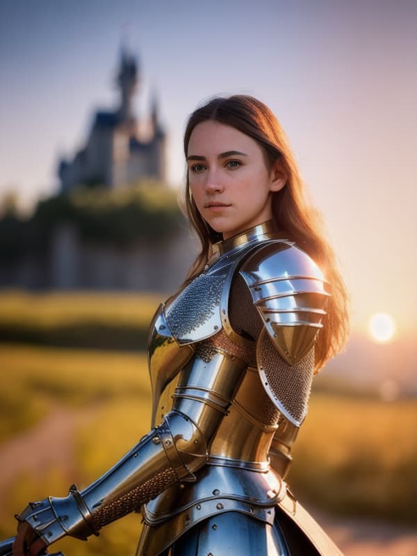  (masterpiece), (extremely intricate:1.3), (realistic), portrait of a girl, the most beautiful in the world, (medieval armor), metal reflections, upper body, outdoors, intense sunlight, far away castle, professional photograph of a stunning woman detailed, sharp focus, dramatic, award winning, cinematic lighting, octane render unreal engine, volumetrics dtx, (film grain, blurry background, blurry foreground, bokeh, depth of field, sunset, motion blur:1.3), chainmail
