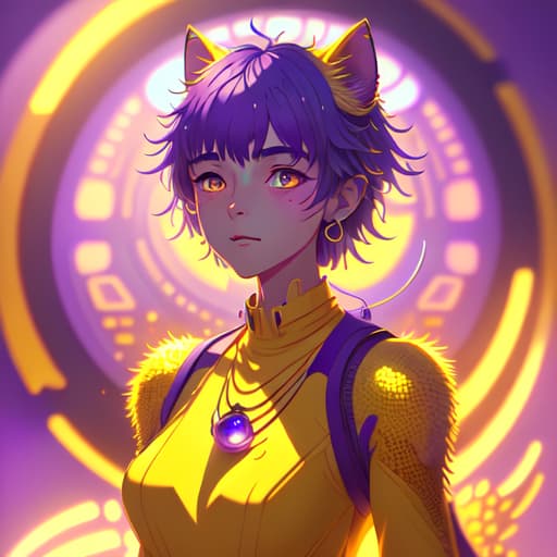 in OliDisco style full body. the body is covered with scales. furry cute woman. Makoto Shinkai style. color purple. screen tone. yellow style them. blurry background. cinematic light. necklace. 8K.