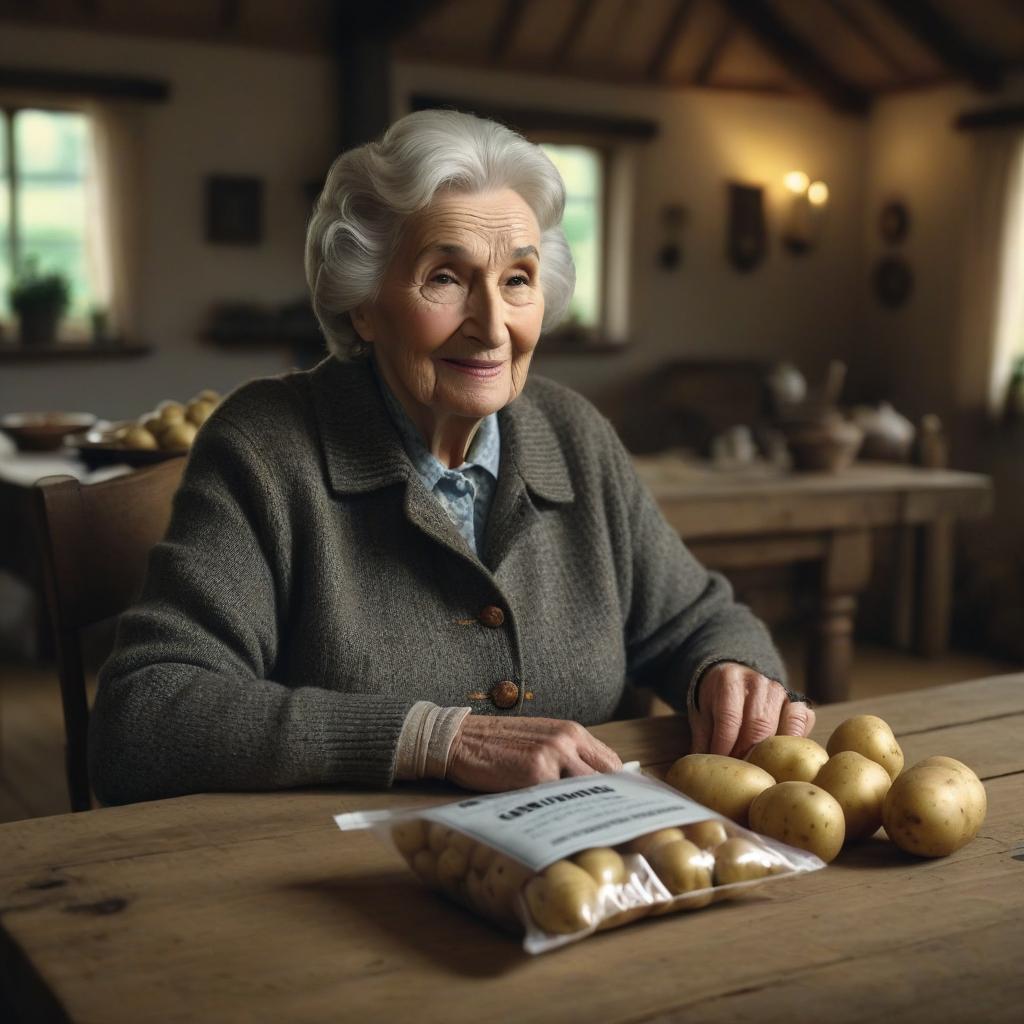  cinematic film still Dear smiley old granny is sitting at a table in a country house and next to her on the table lies a packet of potatoes and a little bit of potatoes. . shallow depth of field, vignette, highly detailed, high budget, bokeh, cinemascope, moody, epic, gorgeous, film grain, grainy hyperrealistic, full body, detailed clothing, highly detailed, cinematic lighting, stunningly beautiful, intricate, sharp focus, f/1. 8, 85mm, (centered image composition), (professionally color graded), ((bright soft diffused light)), volumetric fog, trending on instagram, trending on tumblr, HDR 4K, 8K