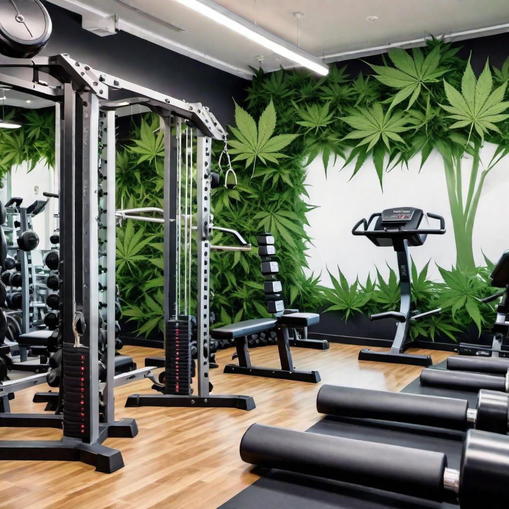  Create an artistic and tasteful image that subtly combines elements of fitness with marijuana themes. The picture should depict a gym scene, including fitness equipment like dumbbells, barbells, and exercise machines. There should be discreet references to marijuana, such as having a cannabis leaf design on the walls or gym equipment, and accessories that are shaped or decorated with marijuana motifs. The overall composition should be suitable for a mature audience and not endorse any illegal activities. hyperrealistic, full body, detailed clothing, highly detailed, cinematic lighting, stunningly beautiful, intricate, sharp focus, f/1. 8, 85mm, (centered image composition), (professionally color graded), ((bright soft diffused light)), volumetric fog, trending on instagram, trending on tumblr, HDR 4K, 8K