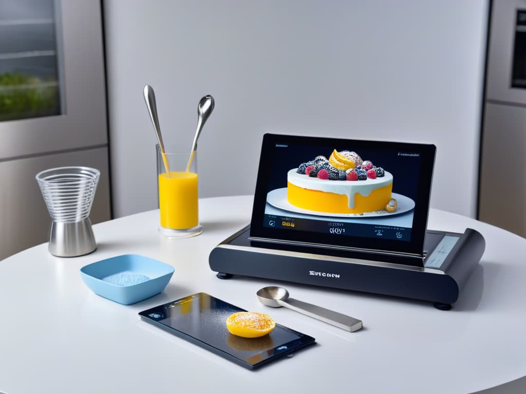  A closeup, ultradetailed image of a sleek, modern kitchen countertop adorned with precisionengineered baking tools and a stateoftheart digital design software interface glowing on a highresolution screen. The tools include a futuristic mixer, a set of premium measuring spoons, and a sleek digital scale, all showcasing a harmonious blend of technology and traditional baking elements. The software interface displays intricate dessert designs, with vibrant colors and intricate patterns, symbolizing the seamless integration of digital tools in the art of pastry making. The overall composition exudes a sense of sophistication and innovation, capturing the essence of the article's exploration of the intersection between digital design and the cul hyperrealistic, full body, detailed clothing, highly detailed, cinematic lighting, stunningly beautiful, intricate, sharp focus, f/1. 8, 85mm, (centered image composition), (professionally color graded), ((bright soft diffused light)), volumetric fog, trending on instagram, trending on tumblr, HDR 4K, 8K