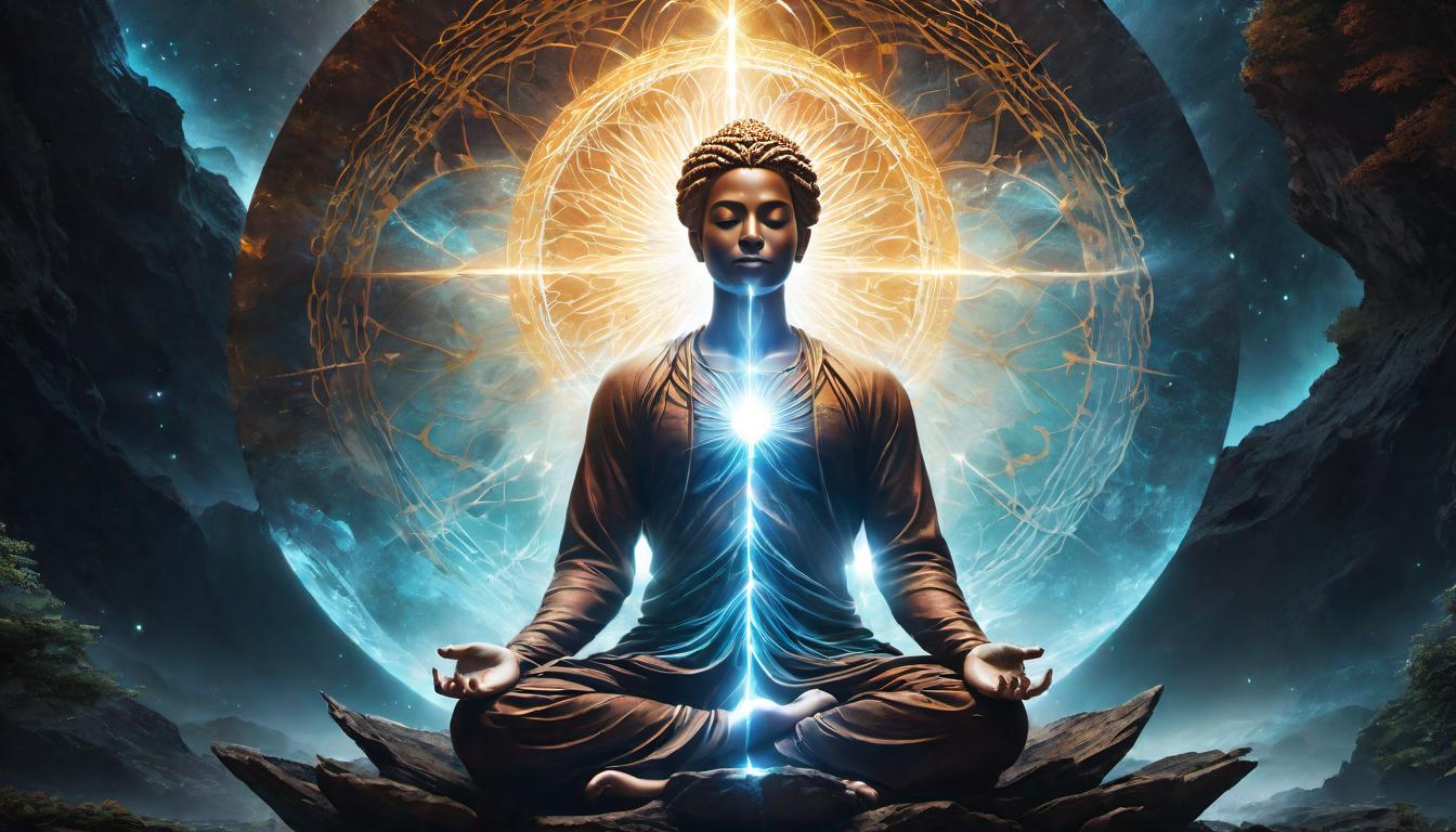  digital illustration, Visualization of a meditating person with energy anchoring into the earth, supportive energies around, grounding connection, light beams from roots, radiating strength, looking at viewer, dynamic pose, (intricate details, masterpiece, best quality)