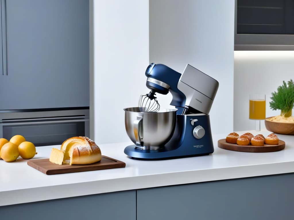  A minimalistic image of a sleek, futuristic kitchen with stateoftheart baking equipment, including a hightech oven, modern stand mixer, and precision tools neatly organized on sleek countertops. The image captures the essence of innovation in pastrymaking, with a soft, ambient light highlighting the clean lines and advanced technology of the kitchen setup. hyperrealistic, full body, detailed clothing, highly detailed, cinematic lighting, stunningly beautiful, intricate, sharp focus, f/1. 8, 85mm, (centered image composition), (professionally color graded), ((bright soft diffused light)), volumetric fog, trending on instagram, trending on tumblr, HDR 4K, 8K