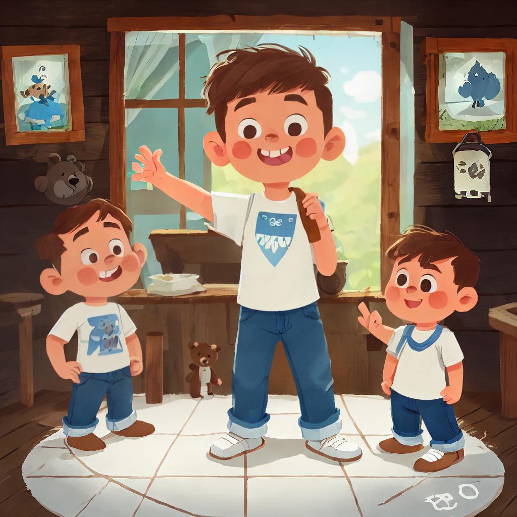  1boy, white shirt, blue jeans, short brown hair, a bear, in the cabin