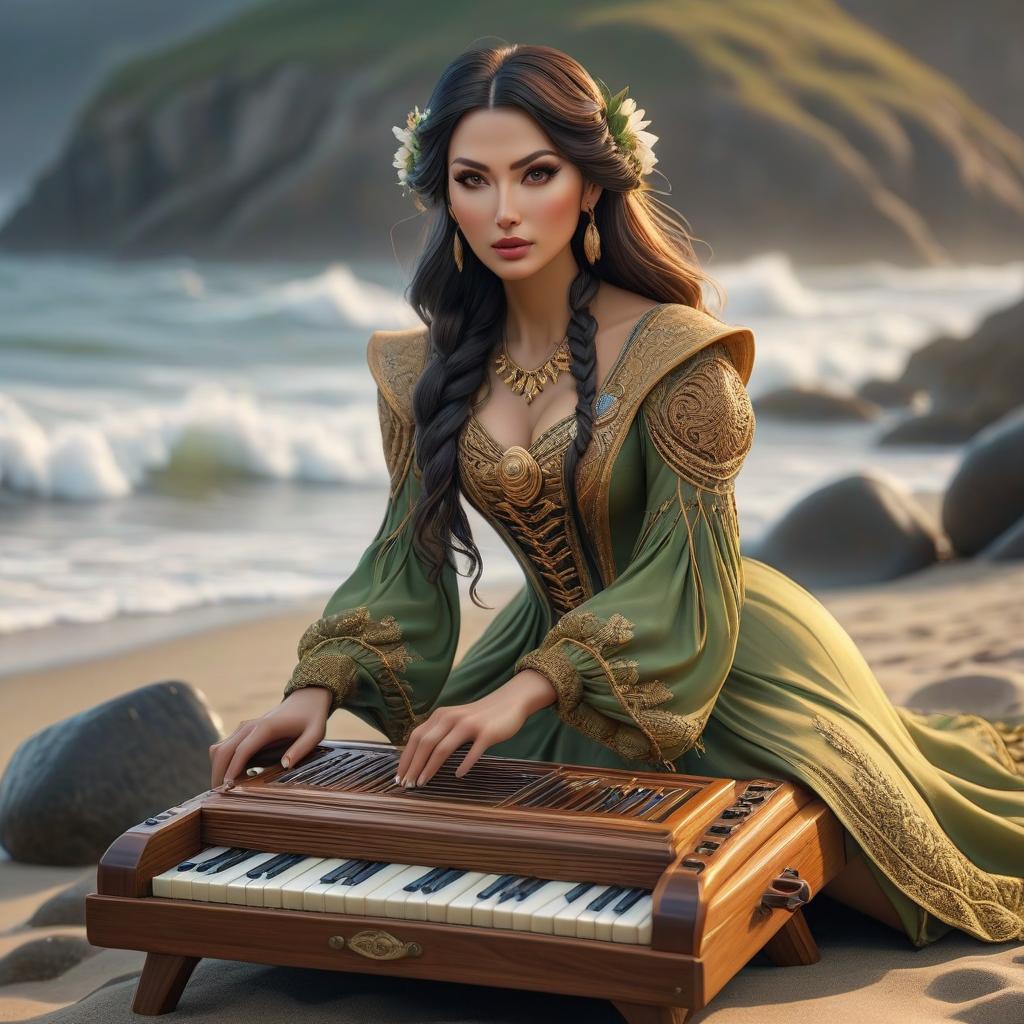  Electro zither lies on the seashore. hyperrealistic, full body, detailed clothing, highly detailed, cinematic lighting, stunningly beautiful, intricate, sharp focus, f/1. 8, 85mm, (centered image composition), (professionally color graded), ((bright soft diffused light)), volumetric fog, trending on instagram, trending on tumblr, HDR 4K, 8K