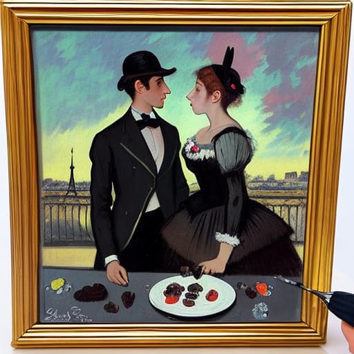  attractive young Parisian couple dressed in modern designer outfits who are romantically together in Paris. Foreground a small plate of fine dark chocolate pieces of candy on a bedside table. Background night with a lite Eiffel Tour Monument. Painting style of Edgar Degas