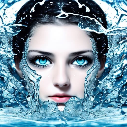  beauty woman's eyes sticking from the water a lot of water waves and splashes around