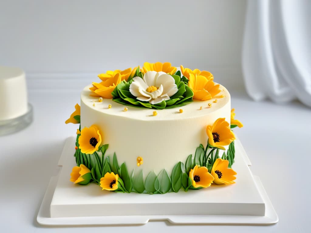  A highresolution, minimalist image of a beautifully decorated sugarfree cake, showcasing intricate details like delicate fondant flowers and elegant piping work. The cake is set on a simple, elegant white cake stand against a soft, blurred background, highlighting the craftsmanship and artistry that goes into creating diabeticfriendly desserts. hyperrealistic, full body, detailed clothing, highly detailed, cinematic lighting, stunningly beautiful, intricate, sharp focus, f/1. 8, 85mm, (centered image composition), (professionally color graded), ((bright soft diffused light)), volumetric fog, trending on instagram, trending on tumblr, HDR 4K, 8K