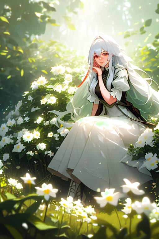  (masterpiece, best quality),1girl with long white hair sitting in a field of green plants and flowers, her hand under her chin, warm lighting, white dress, blurry foreground hyperrealistic, full body, detailed clothing, highly detailed, cinematic lighting, stunningly beautiful, intricate, sharp focus, f/1. 8, 85mm, (centered image composition), (professionally color graded), ((bright soft diffused light)), volumetric fog, trending on instagram, trending on tumblr, HDR 4K, 8K