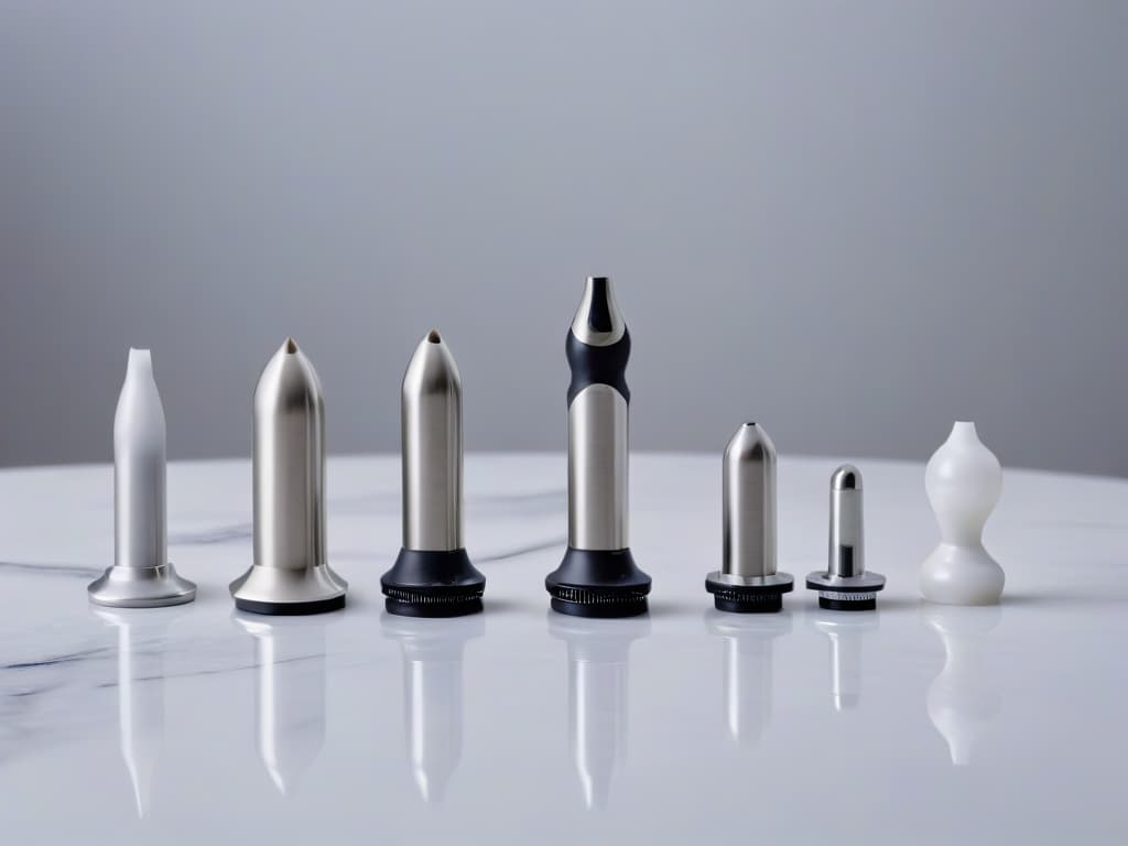  A closeup, ultradetailed image of various professionalgrade piping tips neatly arranged on a sleek, white marble countertop. Each tip is meticulously crafted, showcasing intricate designs and varying sizes, embodying precision and artistry. The smooth surface reflects the tips, creating a stunning minimalist composition that exudes elegance and sophistication, perfect for the aspiring pastry chef seeking perfection in their decorating tools. hyperrealistic, full body, detailed clothing, highly detailed, cinematic lighting, stunningly beautiful, intricate, sharp focus, f/1. 8, 85mm, (centered image composition), (professionally color graded), ((bright soft diffused light)), volumetric fog, trending on instagram, trending on tumblr, HDR 4K, 8K