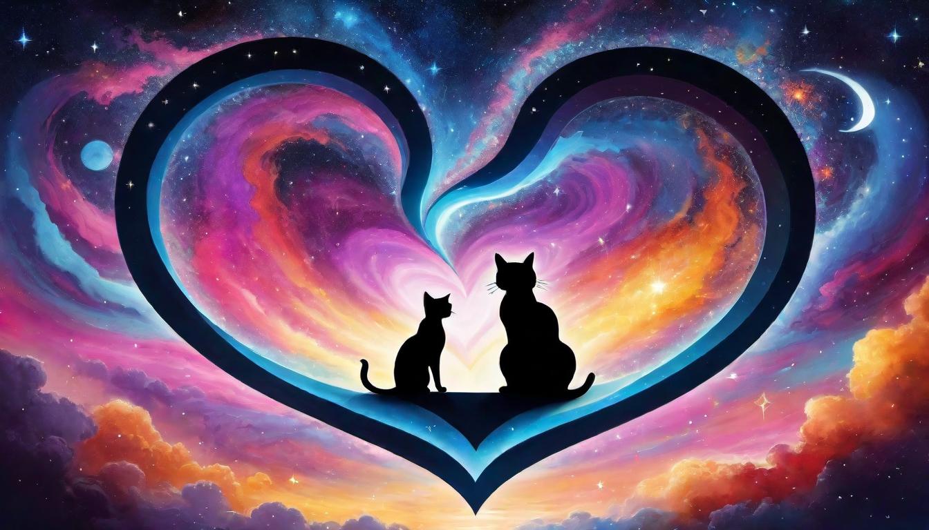  digital painting of Interlocking swirls forming the silhouette of a human and a cat within a heart shape, cosmic backdrop, swirling galaxies and nebulae symbolizing divine love, unity in diversity, intricate patterns of stars, emblem of wholeness and cosmic harmony, intimate bond looking at viewer, dynamic pose, (intricate details, masterpiece, best quality)