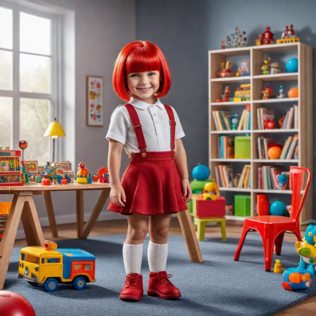   old with a red bob haircut, a clroom carpet, looking cheerful and surrounded by educational toys and books, in a bright, colorful clroom environment. hyperrealistic, full body, detailed clothing, highly detailed, cinematic lighting, stunningly beautiful, intricate, sharp focus, f/1. 8, 85mm, (centered image composition), (professionally color graded), ((bright soft diffused light)), volumetric fog, trending on instagram, trending on tumblr, HDR 4K, 8K