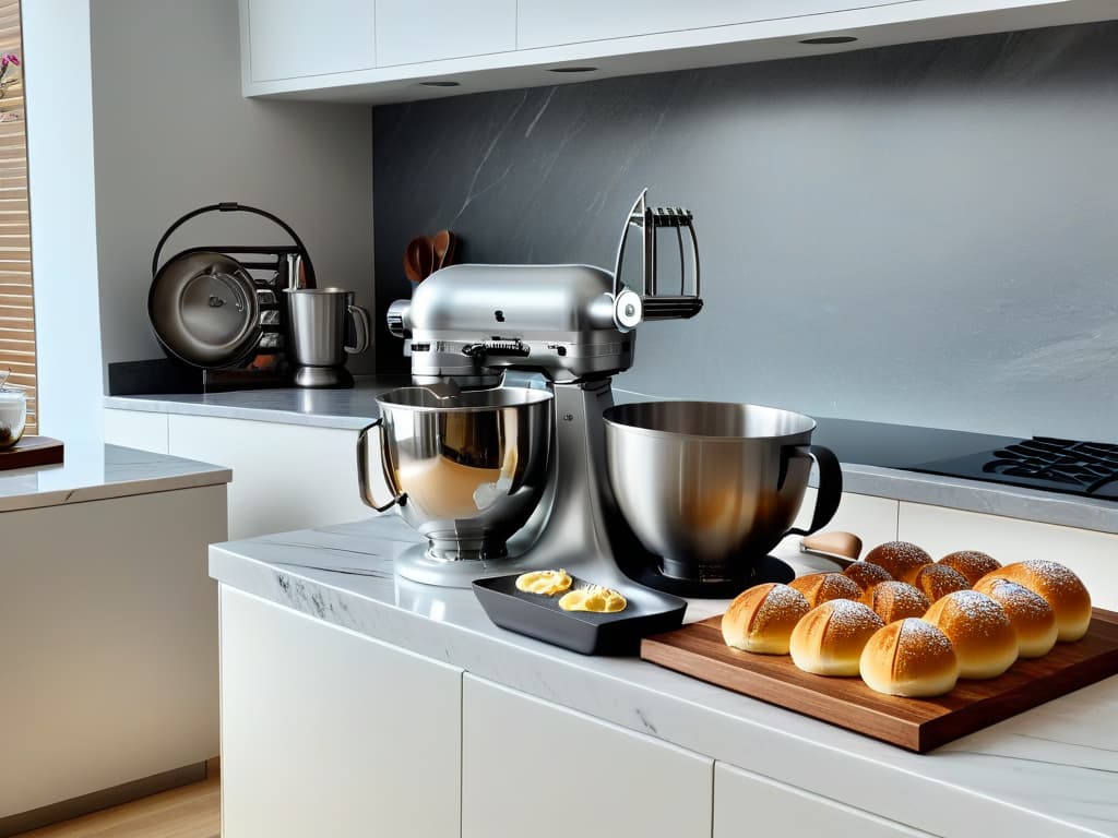  An ultradetailed image of a sleek, modern kitchen with pristine marble countertops, stateoftheart stainless steel appliances, and a minimalist display of highend baking tools like a stand mixer, measuring cups, and a rolling pin. The image captures the essence of a professional and inspiring baking environment, setting the stage for advanced online pastry courses. hyperrealistic, full body, detailed clothing, highly detailed, cinematic lighting, stunningly beautiful, intricate, sharp focus, f/1. 8, 85mm, (centered image composition), (professionally color graded), ((bright soft diffused light)), volumetric fog, trending on instagram, trending on tumblr, HDR 4K, 8K