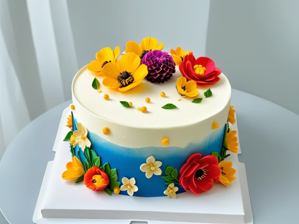  An ultradetailed image of a beautifully intricate cake that seamlessly blends traditional Mexican and French pastry techniques. The cake is adorned with delicate sugar flowers in vibrant colors, showcasing the perfect fusion of culinary traditions. The background is a clean, white surface that highlights the craftsmanship and artistry of the dessert. hyperrealistic, full body, detailed clothing, highly detailed, cinematic lighting, stunningly beautiful, intricate, sharp focus, f/1. 8, 85mm, (centered image composition), (professionally color graded), ((bright soft diffused light)), volumetric fog, trending on instagram, trending on tumblr, HDR 4K, 8K