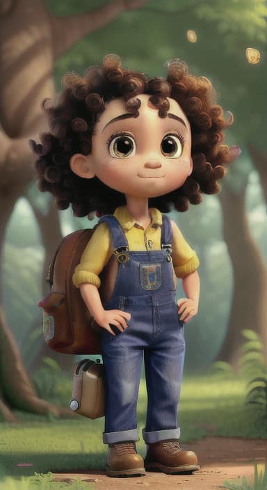  {The tree with a twinkling eye, while its leaves gently rustle., Riley, a curious with big brown eyes and curly hair, wearing overalls and carrying a small backpack. Their friend, Skye, a bluebird with shiny feathers.