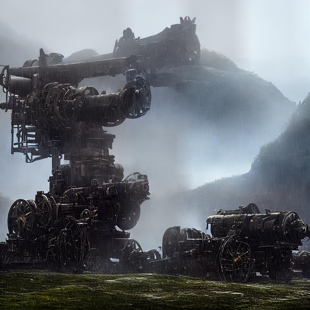  A medieval cannon on a rainy hillside. The masterpiece showcases the cannon in the best quality, with an 8k resolution and high detailed, ultra-detailed elements. The main subject is the cannon on the hillside, surrounded by rain. hyperrealistic, full body, detailed clothing, highly detailed, cinematic lighting, stunningly beautiful, intricate, sharp focus, f/1. 8, 85mm, (centered image composition), (professionally color graded), ((bright soft diffused light)), volumetric fog, trending on instagram, trending on tumblr, HDR 4K, 8K