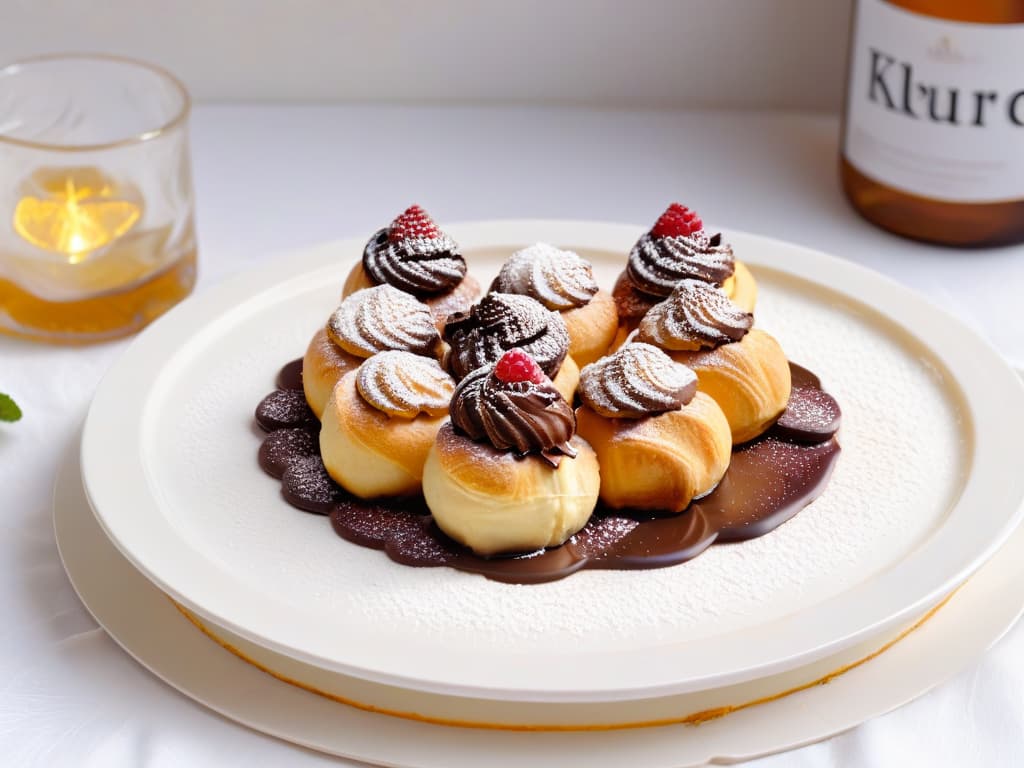  An ultradetailed image of a plate of freshly baked profiteroles, perfectly golden brown, dusted with a light sprinkle of powdered sugar, and filled with a creamy, rich chocolate ganache. Each profiterole is delicately garnished with a single fresh raspberry on top, placed on a sleek, modern white plate set against a soft, blurred background to emphasize the elegant simplicity and indulgent nature of this healthy French dessert. hyperrealistic, full body, detailed clothing, highly detailed, cinematic lighting, stunningly beautiful, intricate, sharp focus, f/1. 8, 85mm, (centered image composition), (professionally color graded), ((bright soft diffused light)), volumetric fog, trending on instagram, trending on tumblr, HDR 4K, 8K