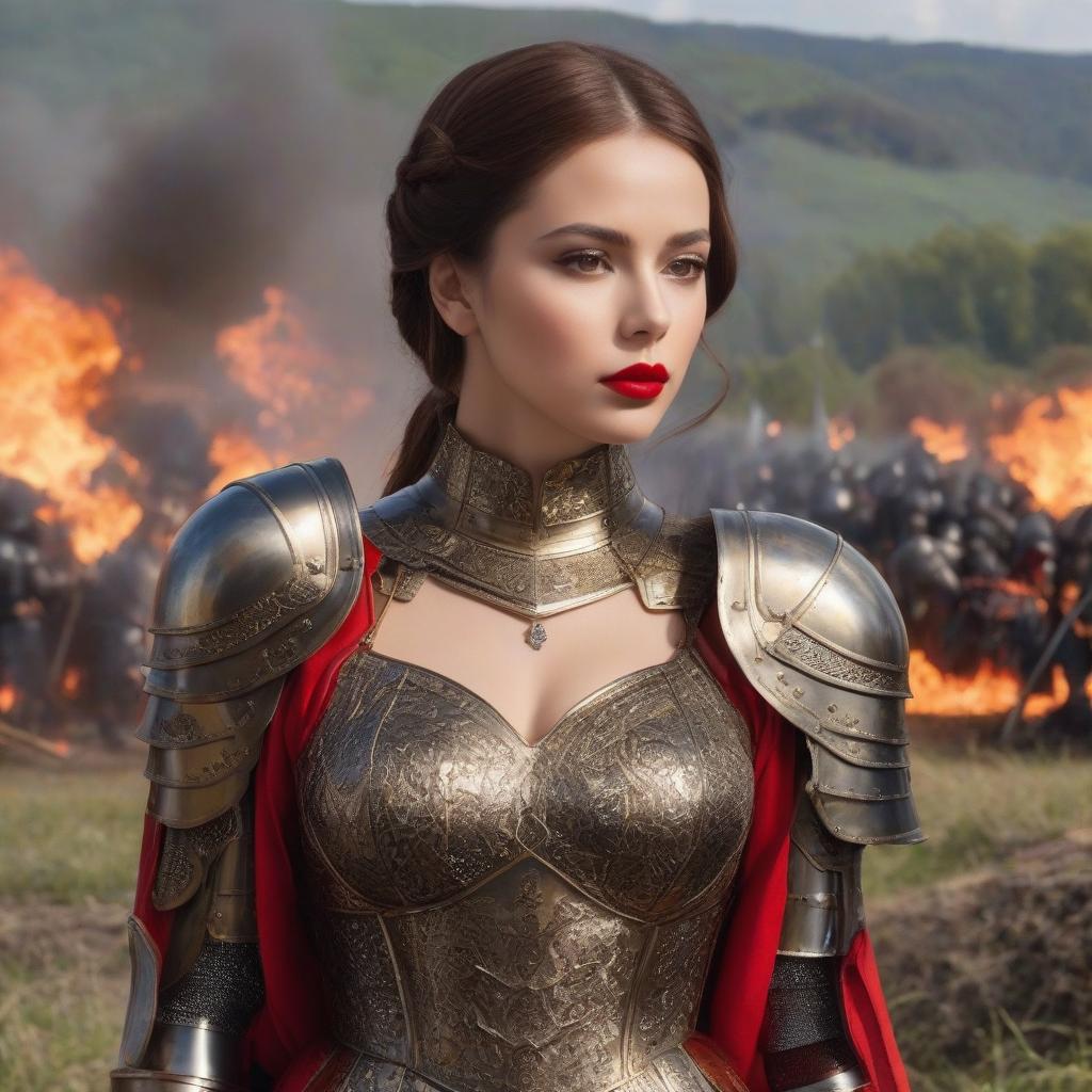  The with the brown hair. Landscape in the background. Тhe dress, the purse, the brown eyes. , red lips. A in armor. Armor below the . High detailing and treatment of the face and other parts of the body Fire. The rigor of the lines. Power. The sword gives off electric shocks. Highly detailed, highly detailed, highly detailed image and all details. ((Sparkling rim)): spring field, hyacinths, roses, rosehips, rose hips, peonies, cherry tree, yellow, red, black flowers, forget me nots. Nature in the background, spring, delight. Luxury, richness. High quality. Swarovski, pandora. The Emerald Palace, the towers. Holobue sky. Golden spires, Gothic style. Fantasy, fairy tale. Poppy field in front of palace. Emerald stones, G hyperrealistic, full body, detailed clothing, highly detailed, cinematic lighting, stunningly beautiful, intricate, sharp focus, f/1. 8, 85mm, (centered image composition), (professionally color graded), ((bright soft diffused light)), volumetric fog, trending on instagram, trending on tumblr, HDR 4K, 8K