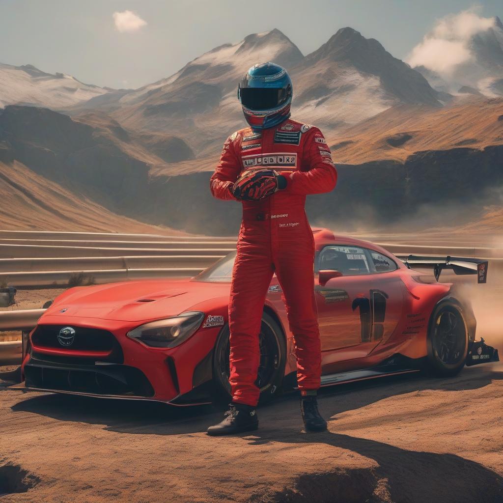  a man dressed in a jumpsuit holds a racing helmet in his hands, a portrait of a man, The man's face is clearly visible, and in the background a racing car that is driving along the track, going down, a bright racing car, subaru, a hatchback class car, (a red and black car:1.2), (yellow rims and suspension:1.1), a racing track, the atmosphere of early morning on a summer day, mountainous terrain, by Alex Andreev, detailed photo in professional cinematic quality, bright saturated colors, extremely realistic images, shadows, high detail, Unreal Engine graphics, realism, 8K Ultra HD hyperrealistic, full body, detailed clothing, highly detailed, cinematic lighting, stunningly beautiful, intricate, sharp focus, f/1. 8, 85mm, (centered image composition), (professionally color graded), ((bright soft diffused light)), volumetric fog, trending on instagram, trending on tumblr, HDR 4K, 8K