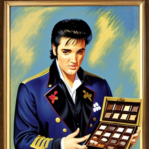  Elvis Presley holding an open box of fine chocolates. Painted in the style of Édouard Manet