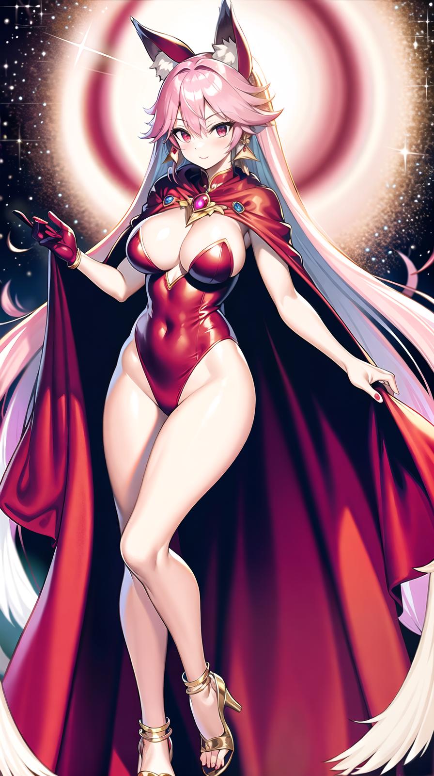  master piece , best quality,Long cape, huge ribbons, leotard, gloves, jewelry, earrings, light feathers, red costume, two side up hair, pink hair color, wolf tail, beautiful with wolf ears, big s, magic hat, magic wand, transformation, full body