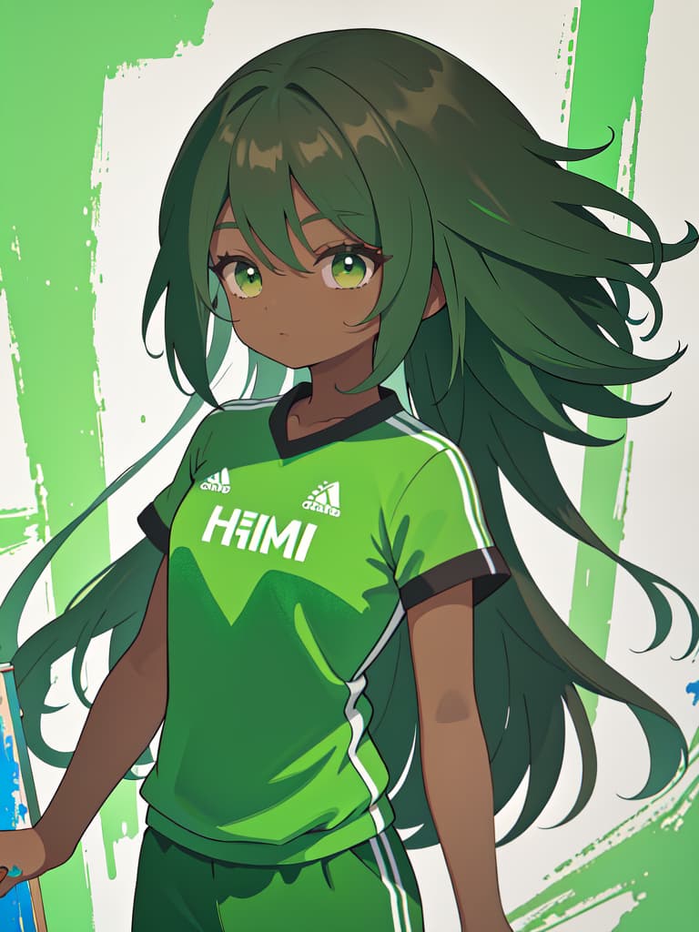  Powerful painting power of sportswear small chest dark brown skin with green hair semi long hair, masterpiece, best quality,8k,ultra detailed,high resolution,an extremely delicate and beautiful,hyper detail