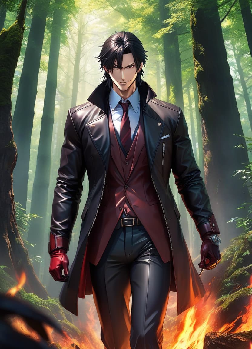  anime artwork Scorching forest Man: Terrifying smile, killer, six feet tall, leather coat, business suit, leather gloves, long hair, makeup on face, . anime style, key visual, vibrant, studio anime, highly detailed hyperrealistic, full body, detailed clothing, highly detailed, cinematic lighting, stunningly beautiful, intricate, sharp focus, f/1. 8, 85mm, (centered image composition), (professionally color graded), ((bright soft diffused light)), volumetric fog, trending on instagram, trending on tumblr, HDR 4K, 8K