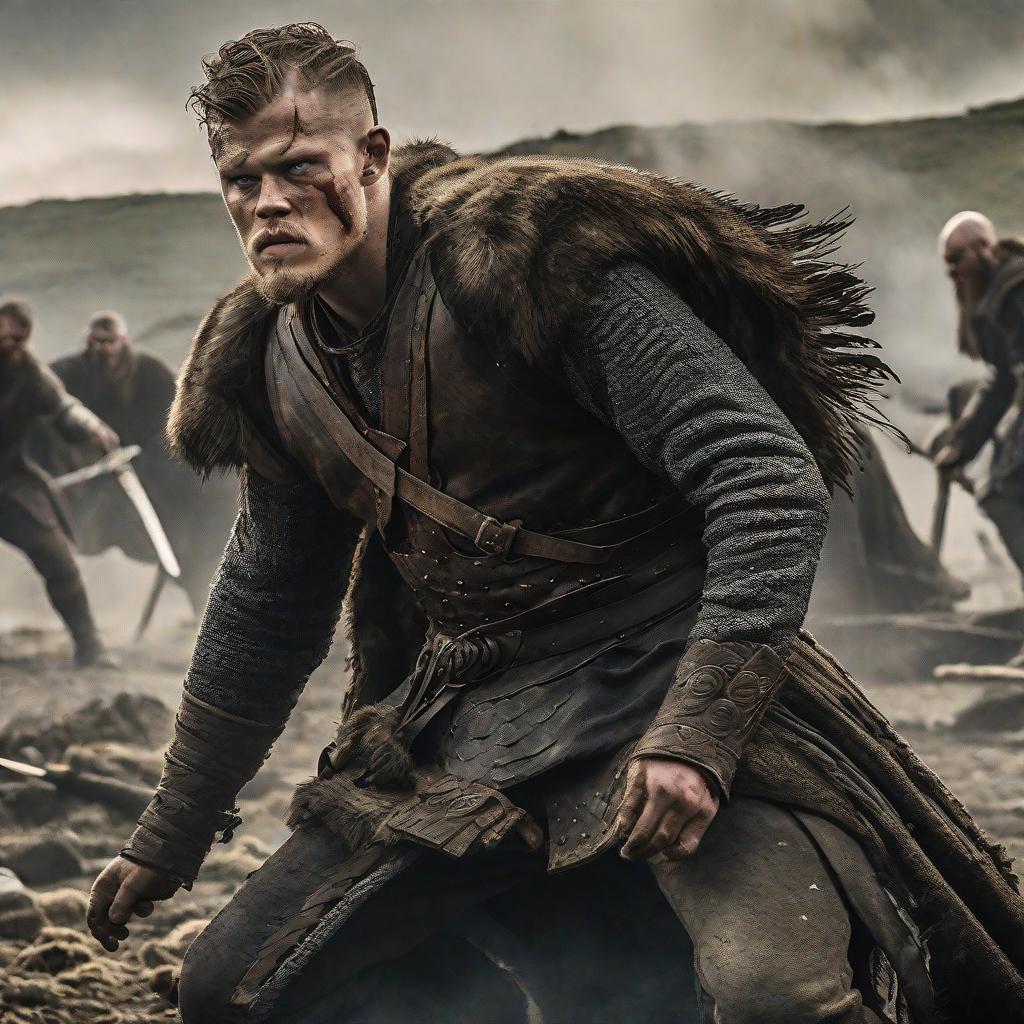  masterpiece, best quality, Ivar the Boneless, the fierce warrior from Vikings, finds himself in a desperate battle against his enemies. The scene unfolds in a desolate and war-torn battlefield, with smoke and dust filling the air. Ivar's face is contorted with rage and determination as he screams, his voice echoing through the chaos. The environment is rugged and unforgiving, strewn with fallen warriors and broken weapons. The mood is intense and gritty, with a sense of impending doom. The style of the prompt is reminiscent of a high-contrast, gritty photography, capturing the rawness of the moment. The lighting is dramatic, with shafts of sunlight breaking through the clouds, casting long shadows on the ground. The realization of this prom