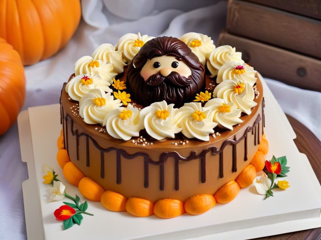  An ultradetailed, minimalistic image of a rustic wooden table adorned with a large, intricately decorated pumpkin cake resembling Hagrid's style. The cake is generously frosted with a creamy, goldenhued frosting, topped with edible flowers, chocolate shavings, and a sprinkle of cinnamon. The lighting is warm and inviting, casting soft shadows that highlight the intricate details of the cake's decorations. hyperrealistic, full body, detailed clothing, highly detailed, cinematic lighting, stunningly beautiful, intricate, sharp focus, f/1. 8, 85mm, (centered image composition), (professionally color graded), ((bright soft diffused light)), volumetric fog, trending on instagram, trending on tumblr, HDR 4K, 8K