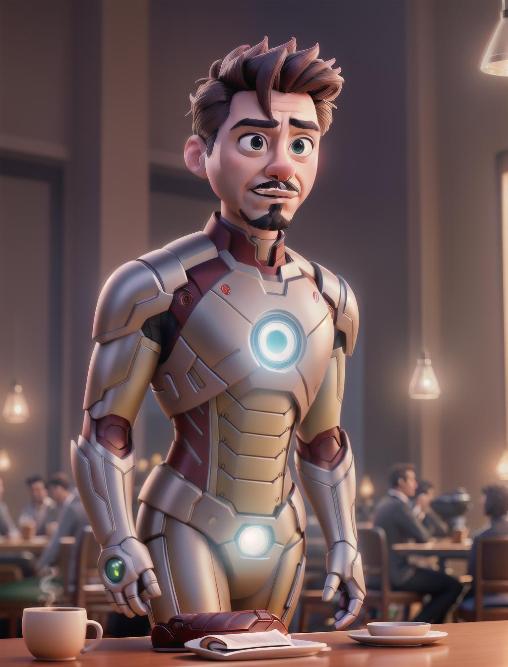  Create an image depicting Tony Stark seated at a cozy café table, engaged in conversation with his Iron Man suit. The atmosphere should be warm and inviting, with steaming cups of coffee on the table and subtle technological elements integrated into the background. Tony and his suit should be portrayed in a style that blends cartoon aesthetics with realistic details, capturing both the whimsy of the scene and the iconic characters involved hyperrealistic, full body, detailed clothing, highly detailed, cinematic lighting, stunningly beautiful, intricate, sharp focus, f/1. 8, 85mm, (centered image composition), (professionally color graded), ((bright soft diffused light)), volumetric fog, trending on instagram, trending on tumblr, HDR 4K, 8K