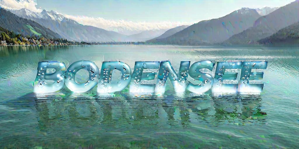  3D text "BODENSEE" made of water bubbles, floating above a serene lake, mountainous backdrop, in high resolution photo style.