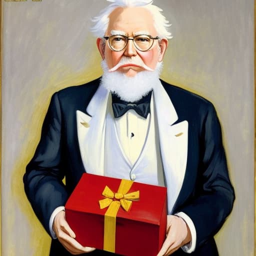  Colonel Harland Sanders wearing a white suit with bow tie holding a box of fine chocolates. Painted in the style of Édouard Manet