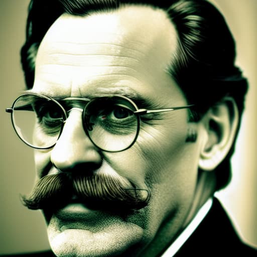  Portrait of Friedrich Nietzsche, middle aged white man, brown hair, slicked back hair, 19th century philosopher, very large bushy mustache, mustache covering entire mouth, extremely large mustache, outrageously large mustache, unruly mustache, receding hairline, small oval rim eyeglasses, vintage small oval glasses, small oval wireframe glasses, very small oval eyeglasses, elipse shape glasses, airbrush art style, masterpiece, tiny frame glasses hyperrealistic, full body, detailed clothing, highly detailed, cinematic lighting, stunningly beautiful, intricate, sharp focus, f/1. 8, 85mm, (centered image composition), (professionally color graded), ((bright soft diffused light)), volumetric fog, trending on instagram, trending on tumblr, HDR 4K, 8K