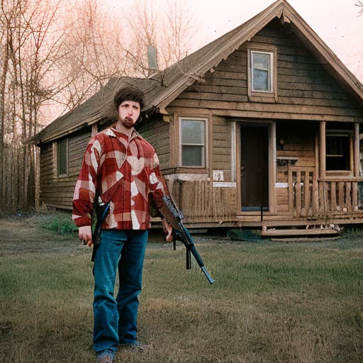 analog style A man in plain clothes holding a rifle, covered in blood, standing in front of a wooden house.