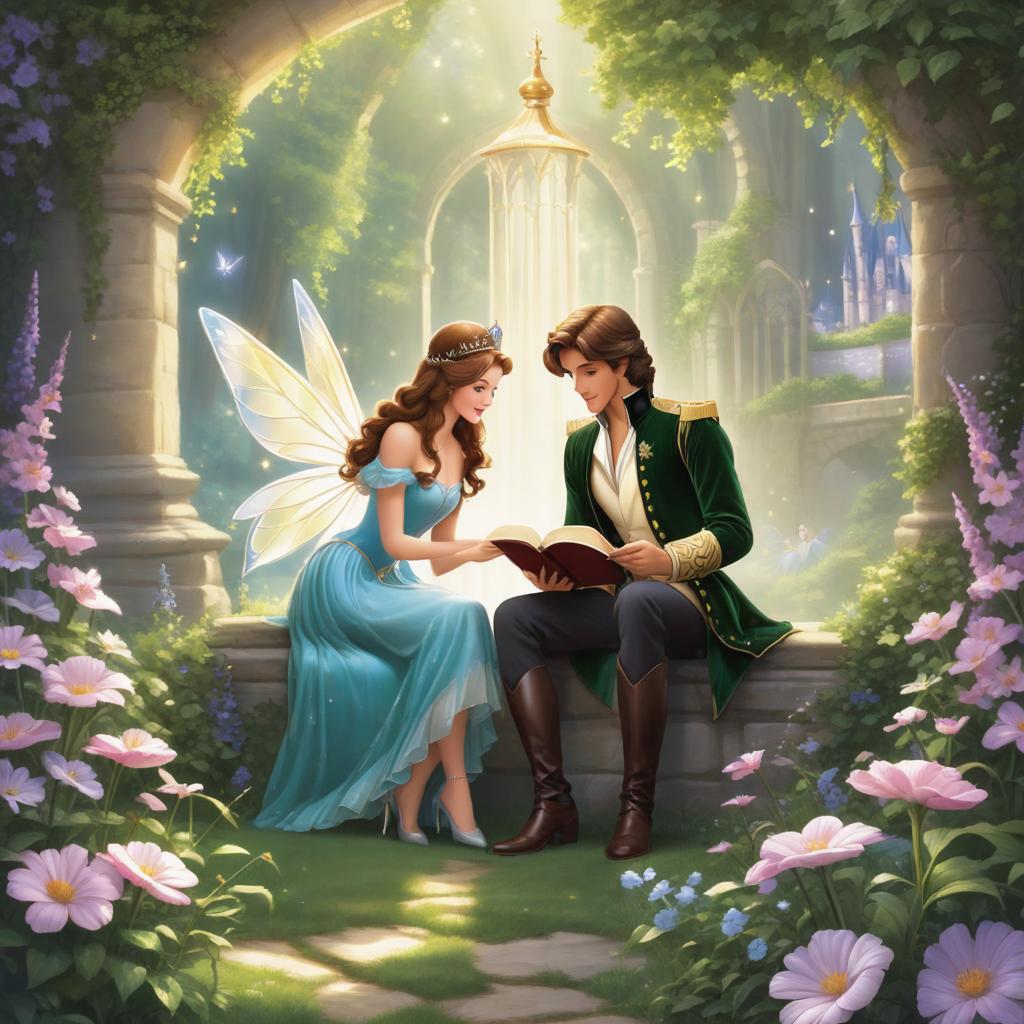  ((((Based on the original image, reflect the following:
1. Ensure accurate depiction of the requested characters: The prompt specifically mentions the Prince and the Fairy, so it is important to include them in the image as described in the prompt.

2. Pay attention to object details: The prompt mentions objects such as a book and pages, so it is important to incorporate these objects into the image and depict them accurately.

3. Maintain style consistency: It is important to follow the specific style guide mentioned in the prompt, such as "Dizney Ani Style," and faithfully incorporate this style into the image creation process.)))) hyperrealistic, full body, detailed clothing, highly detailed, cinematic lighting, stunningly beautiful, intricate, sharp focus, f/1. 8, 85mm, (centered image composition), (professionally color graded), ((bright soft diffused light)), volumetric fog, trending on instagram, trending on tumblr, HDR 4K, 8K