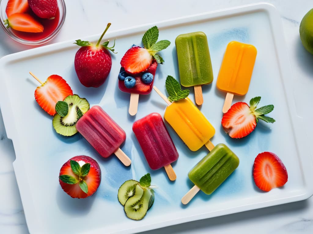  An ultradetailed image of a variety of homemade water popsicles arranged on a sleek, white marble surface. The popsicles are in vibrant colors and unique shapes, showcasing different ingredients like fresh fruit slices, herbs, and edible flowers frozen into the icy treats. The lighting is soft and natural, highlighting the textures and details of each paleta de agua, making them look refreshing and inviting for a hot summer day. hyperrealistic, full body, detailed clothing, highly detailed, cinematic lighting, stunningly beautiful, intricate, sharp focus, f/1. 8, 85mm, (centered image composition), (professionally color graded), ((bright soft diffused light)), volumetric fog, trending on instagram, trending on tumblr, HDR 4K, 8K