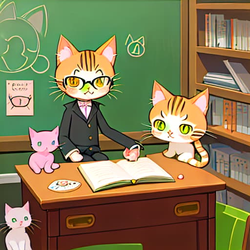  cartoon kitten. cute anthropomorphic kitten. cute cartoon. cute vtuber. wearing glasses. desk. sitting in a char. reading. cute atwork. inspired by manga master. cute core. cat_ cat. cute digital art.