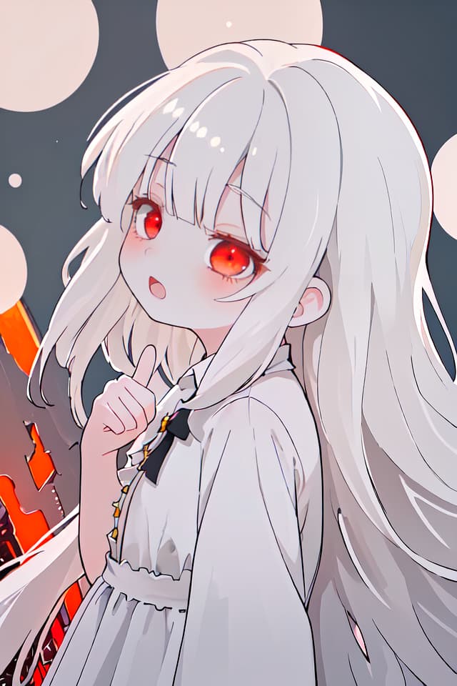  ultra detailed:1.2masterpiece:1.2,best quality,masterpiece,bestquality,hdr:1.1,8k:1.1,very cute girl:1.3,white hair:1.3,very long hair,volume hair:0.7,flare hair,curly hair:1.4,red eyes,bad mood:1.1,sleepy eyes:1.1,dot open mouth:1.3,upper body:1.3,dutch angle,half closed eyes:1.6,upper body:1.1,from side