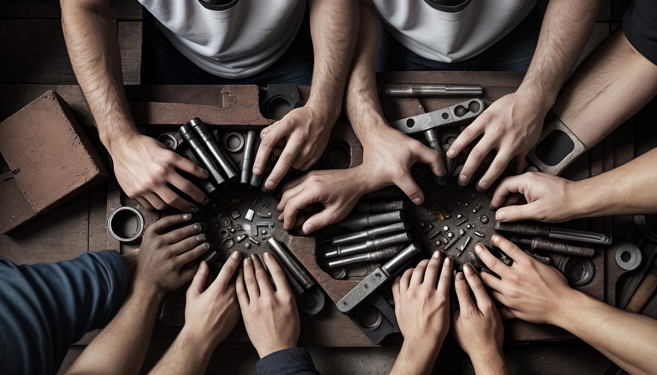  digital illustration, a broken pipe and toolbox at the center, with two pairs of hands (one male and one female) reaching in from either side, collaborative, clear and detailed, looking at viewer, dynamic pose, (intricate details, masterpiece, best quality)