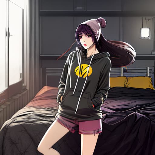 nvinkpunk a woman in a hoodie sitting on a bed, blush, smile, short hair, bangs, black hair, long sleeves, hair between eyes, collarbone, yellow eyes, shorts, indoors, dark skin, grin, dark skinned female, short shorts, on bed, black shorts, hood down, drawstring, lamp, white hoodie, yellow hoodiez anime hyperrealistic, full body, detailed clothing, highly detailed, cinematic lighting, stunningly beautiful, intricate, sharp focus, f/1. 8, 85mm, (centered image composition), (professionally color graded), ((bright soft diffused light)), volumetric fog, trending on instagram, trending on tumblr, HDR 4K, 8K