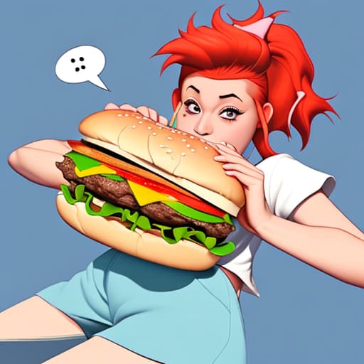  Show me a cartoon girl eating a tiny burger