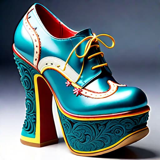  Subject detail: the image depicts a Highly detailed ornate shoe with chunky soles, The shoe is covered in soft, luxurious materials. Art style: in the mixed art style of Buffalo London, Irregular Choice, and Osamu Tezuka. Medium: This artwork is highly detailed and photorealistic. hyperrealistic, full body, detailed clothing, highly detailed, cinematic lighting, stunningly beautiful, intricate, sharp focus, f/1. 8, 85mm, (centered image composition), (professionally color graded), ((bright soft diffused light)), volumetric fog, trending on instagram, trending on tumblr, HDR 4K, 8K