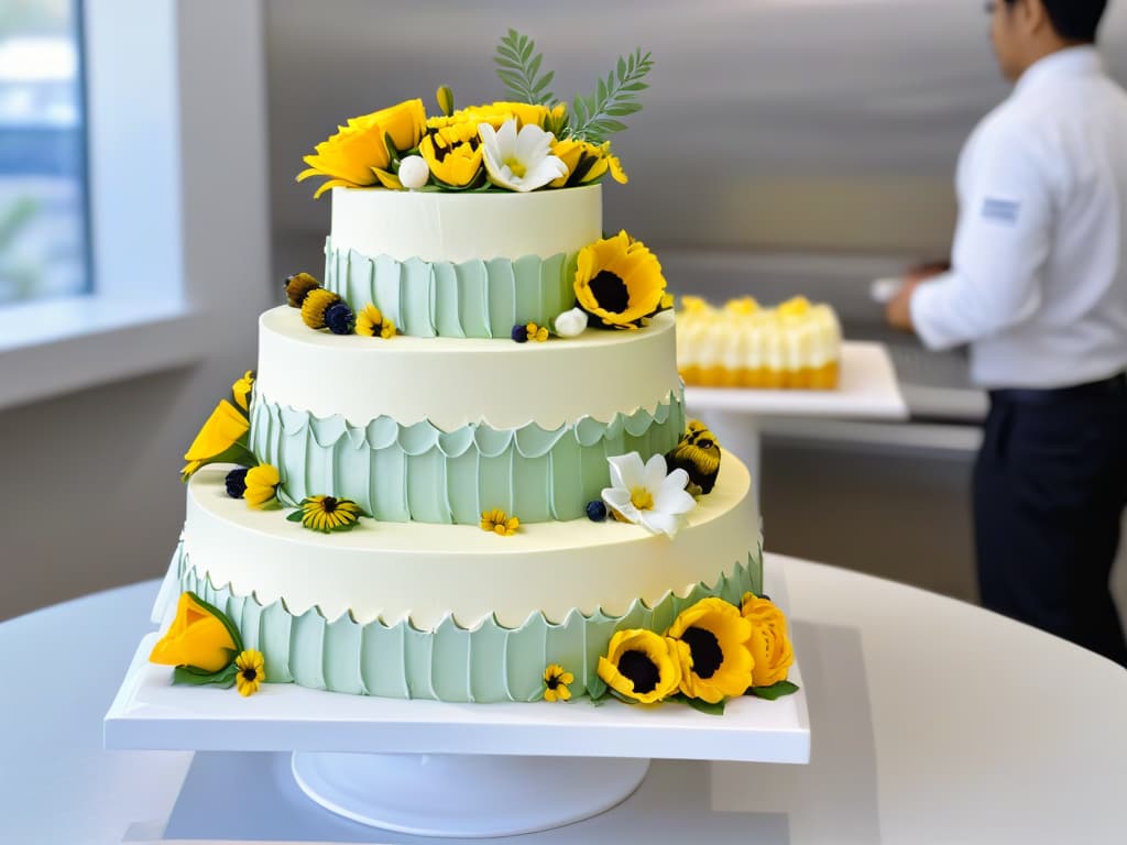  An exquisitely detailed and photorealistic image of a professional pastry chef meticulously decorating a multitiered wedding cake with intricate floral designs using delicate piping techniques. The chef is focused and precise, showcasing a true mastery of the art of pastry decoration. The background features a pristine, organized bakery kitchen filled with highquality baking tools and ingredients, enhancing the aspirational and inspirational tone of the article. hyperrealistic, full body, detailed clothing, highly detailed, cinematic lighting, stunningly beautiful, intricate, sharp focus, f/1. 8, 85mm, (centered image composition), (professionally color graded), ((bright soft diffused light)), volumetric fog, trending on instagram, trending on tumblr, HDR 4K, 8K