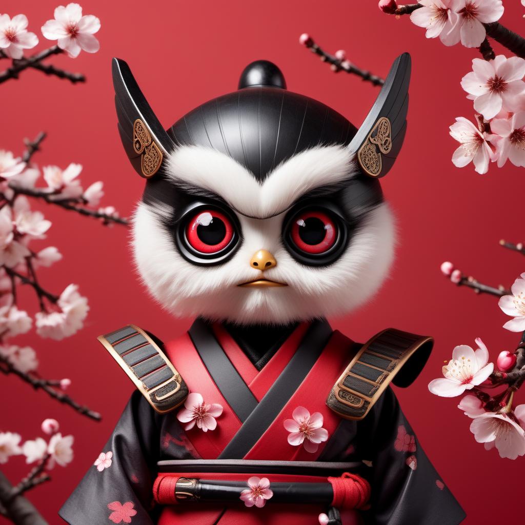  Small Puffino Samurai on a red background with cherry blossoms in a TimBurton-style, large eyes 👀, professional photography, visually appealing, beautiful, realistic, high resolution, PlaguePunk, high detail.