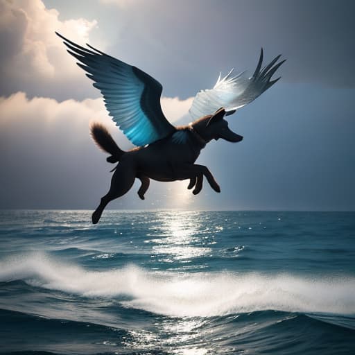  A dog with wings flying in the ocean hyperrealistic, full body, detailed clothing, highly detailed, cinematic lighting, stunningly beautiful, intricate, sharp focus, f/1. 8, 85mm, (centered image composition), (professionally color graded), ((bright soft diffused light)), volumetric fog, trending on instagram, trending on tumblr, HDR 4K, 8K