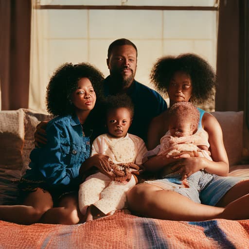 analog style 8k image of prospering african american family of 4, father, mother, son and daugther. clean up the image