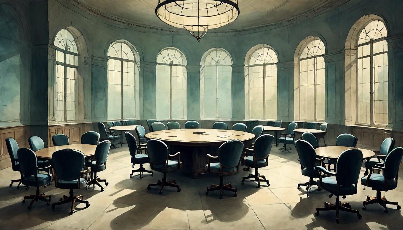  on parchment, surrealism+++, Empty meeting room, chairs arranged in circle, faint light coming through the window, air of secrecy, decisions made without presence, neglected, quiet.(mysterious, provocative, symbolic,muted color)+++