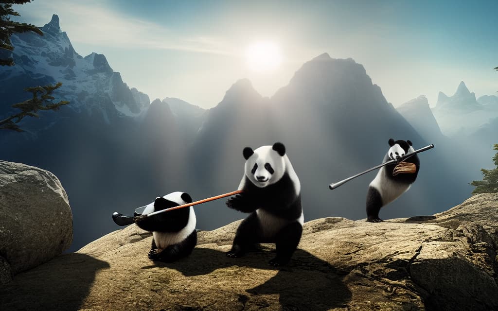  The panda is hitting the penguin with a club, the sun is shining, and there is the god Radegast on the mountain. hyperrealistic, full body, detailed clothing, highly detailed, cinematic lighting, stunningly beautiful, intricate, sharp focus, f/1. 8, 85mm, (centered image composition), (professionally color graded), ((bright soft diffused light)), volumetric fog, trending on instagram, trending on tumblr, HDR 4K, 8K